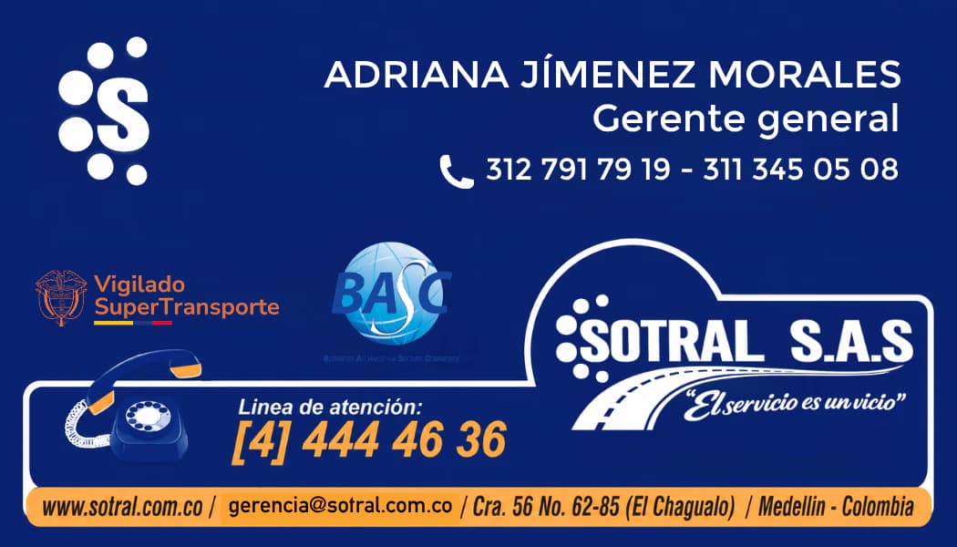 Tarjeta de contacto de Adriana Jiménez Morales, Gerente general de SOTRAL