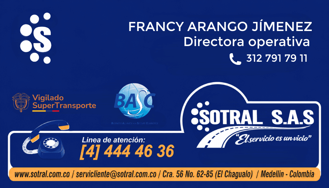 Tarjeta de contacto de Francy Yurany Arango, Directora operativa de SOTRAL